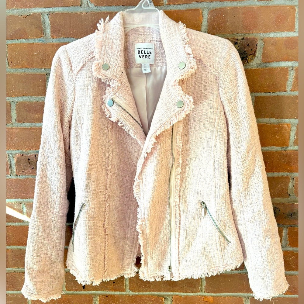 ANTHROPOLOGIE BELLE VERE Baby Barbie Pink Raw Edge Fringe Moto Jacket Blazer S